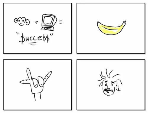 Quattro disegni a mano libera illustrano una scimmia con computer, una banana, una mano e un volto stilizzato
