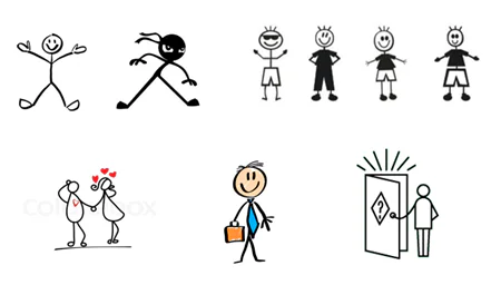 Serie di personaggi stilizzati disegnati a mano con pose ed espressioni diverse per visual thinking e corsi eLearning