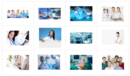 Griglia di immagini con diversi personaggi e scene mediche usati come avatar per corsi e-learning in ambito sanitario