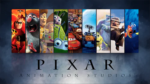 Personaggi iconici Pixar disposti in colonne verticali davanti al logo Pixar Animation Studios