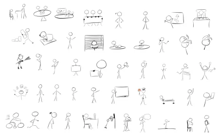 Serie di omini stilizzati disegnati a mano libera in varie pose ed espressioni per visual thinking
