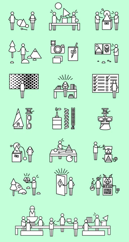 Serie di personaggi stilizzati creati con forme geometriche semplici su sfondo verde chiaro per visual thinking