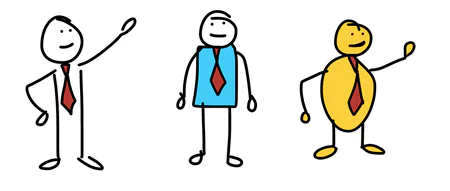 Tre personaggi stilizzati disegnati a mano con forme semplici e cravatta rossa, utili per visual thinking e corsi eLearning
