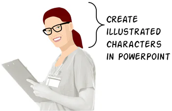 Donna illustrata in stile cartoon con occhiali e cartellina, esempio di personaggio creato in PowerPoint per corsi e-learning