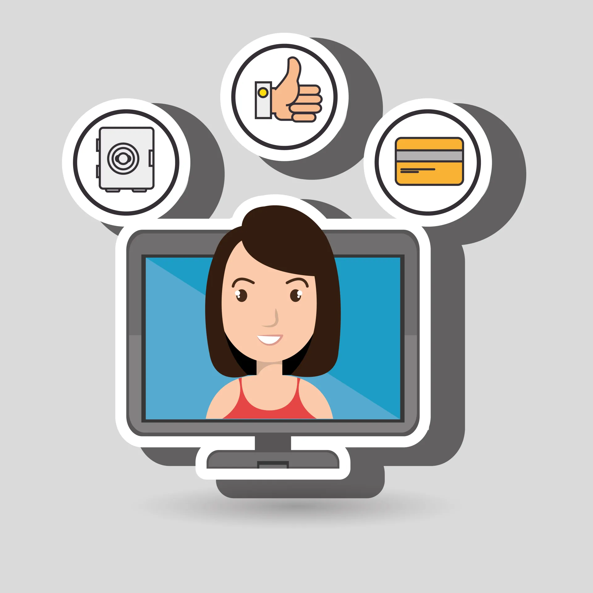 Donna stilizzata su schermo con tre icone che rappresentano sicurezza, approvazione e pagamento nei corsi e-learning