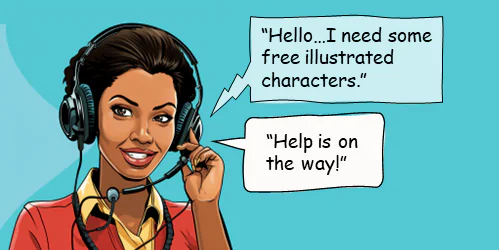 Donna illustrata con cuffie risponde a una richiesta di personaggi illustrati per e-learning con fumetti di dialogo