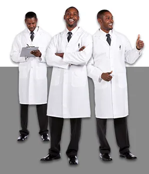 Tre pose di un personaggio medico afrodiscendente in camice bianco per corsi eLearning a tema sanitario