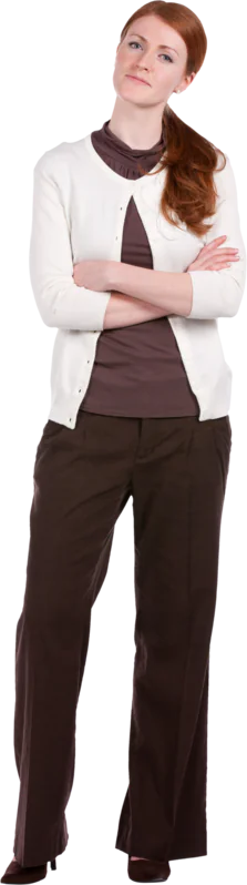 Donna con capelli rossi in abbigliamento business casual con braccia incrociate, usata come personaggio per corsi e-learning