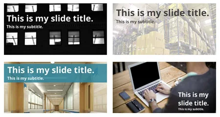 Quattro esempi di diapositive e-learning che mostrano foto stock personalizzate con testo sovrapposto e filtri grafici