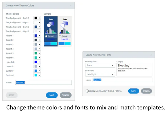 Due finestre di dialogo mostrano la personalizzazione di colori e font del tema in un software di authoring eLearning