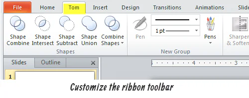 Barra multifunzione di PowerPoint 2010 con tab personalizzato e strumenti per forme e penna utile nel rapid e-learning