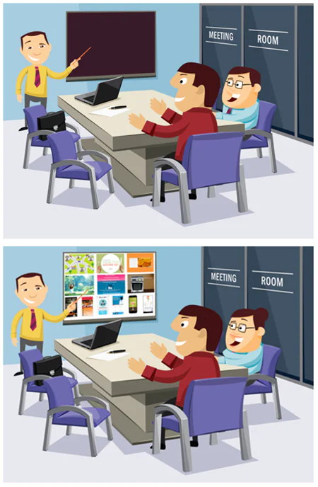 Due versioni di una scena di riunione in ufficio con modifiche ai personaggi e allo schermo
