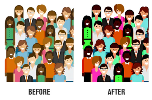 Confronto tra una illustrazione vettoriale di gruppo di persone prima e dopo la modifica dei colori in PowerPoint