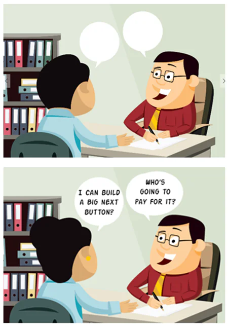 Due versioni di una vignetta illustrata mostrano la modifica di un personaggio e dei dialoghi in PowerPoint