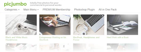 Anteprima della homepage di Picjumbo con esempi di foto gratuite per uso commerciale e personale