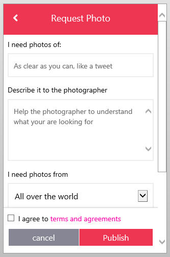 Modulo di richiesta foto nel componente aggiuntivo Pickit per trovare o commissionare immagini gratuite in PowerPoint