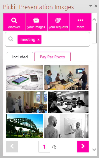 Pannello laterale di Pickit in PowerPoint con risultati di ricerca immagini gratuite per la parola meeting