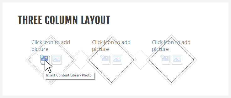 Layout a tre colonne in Articulate Storyline 360 con segnaposto per immagini e icona per inserire foto dalla Content Library