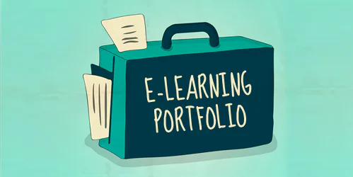 Valigetta stilizzata con scritta e-learning portfolio e fogli che simboleggiano raccolta di progetti digitali