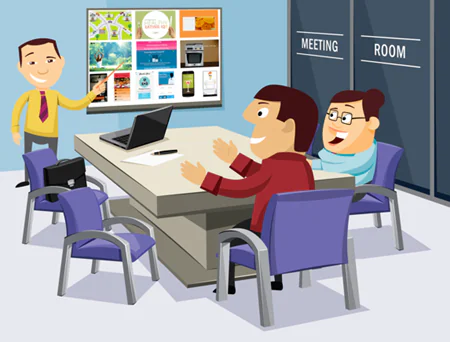 Tre persone in una sala riunioni osservano una presentazione di portfolio e-learning su uno schermo
