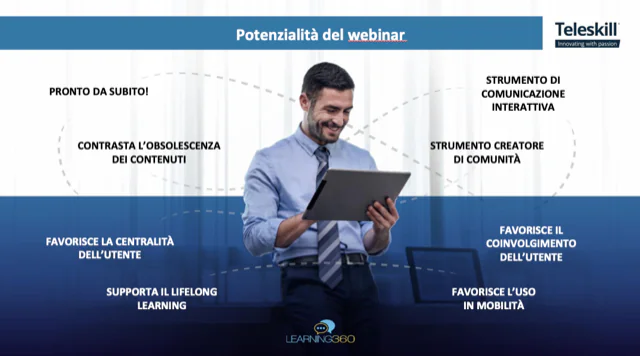 Uomo che utilizza un tablet circondato da punti chiave sulle potenzialità dei webinar nella formazione digitale