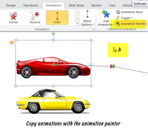 Barra Animations di PowerPoint 2010 con Animation Painter usato per copiare animazioni tra due auto