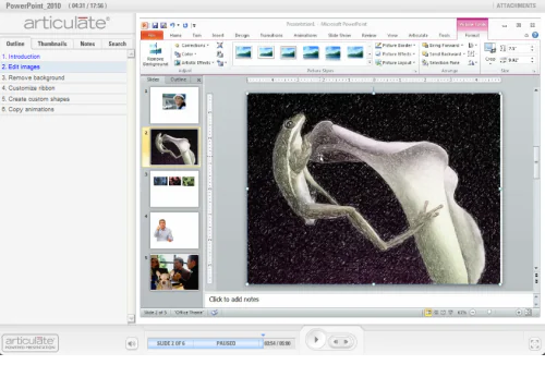 Interfaccia di PowerPoint 2010 con una presentazione e strumenti di animazione e modifica immagini per e-learning