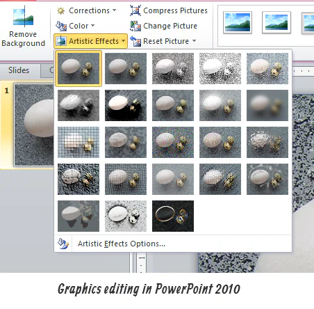 Menu effetti artistici di PowerPoint 2010 con anteprime applicate a una foto durante l’editing immagini