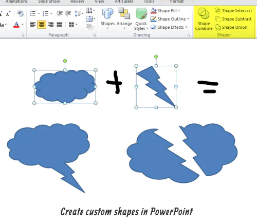 Esempio di combinazione di forme in PowerPoint 2010 per creare una nuova figura personalizzata tramite gli strumenti Shape