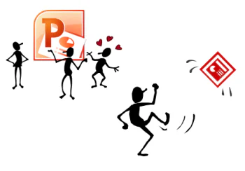 Personaggi stilizzati mostrano entusiasmo per PowerPoint 2010 mentre uno allontana una vecchia versione