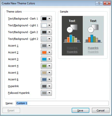 Finestra di PowerPoint per creare una combinazione di colori tema personalizzata con anteprima dei colori applicati