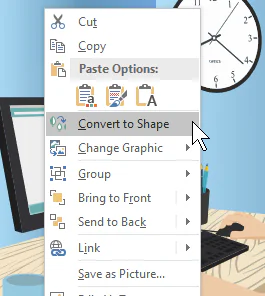 Menu contestuale di PowerPoint con il comando Converti in forma selezionato per modificare un file SVG