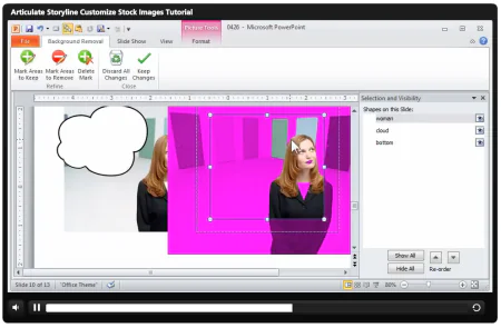 Schermata di PowerPoint con editing di un'immagine stock, aggiunta di una nuvoletta e rimozione dello sfondo per e-learning