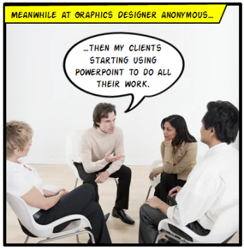 Quattro persone sedute in cerchio discutono, con una nuvoletta in stile fumetto che ironizza sull’uso di PowerPoint