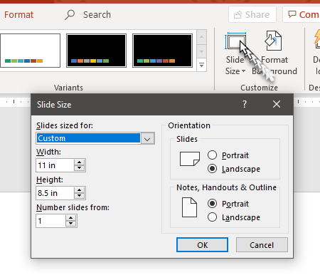 Finestra di PowerPoint per scegliere dimensioni e orientamento personalizzati delle diapositive per grafiche eLearning