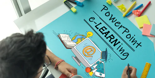 Persona disegna la scritta PowerPoint e-learning su un foglio con icone digitali che rappresentano la formazione digitale