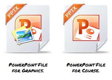 Due icone di file PowerPoint illustrano la separazione tra file per grafica e file per la costruzione di corsi e-learning