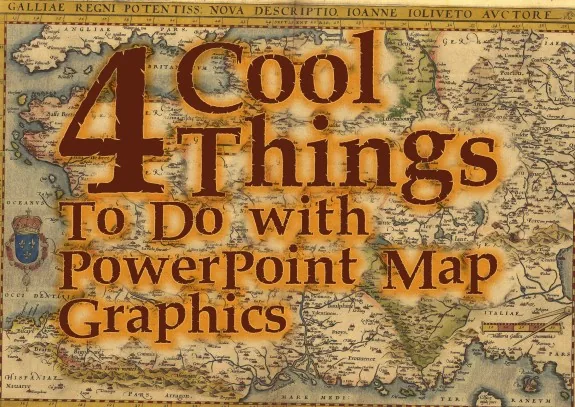 Grafica di una mappa antica con testo che evidenzia quattro idee per usare mappe in PowerPoint nei corsi e-learning