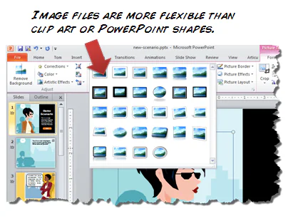 PowerPoint mostra una selezione di immagini bitmap per evidenziare la flessibilità rispetto a clip art e forme