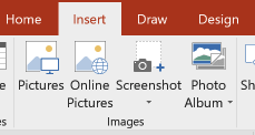 Barra degli strumenti di PowerPoint con la scheda Inserisci e le opzioni per aggiungere immagini alle slide