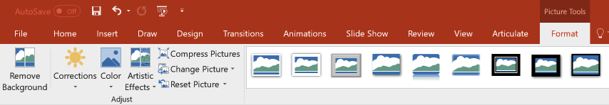 Barra degli strumenti di PowerPoint con la scheda Formato attiva e il pulsante Rimuovi sfondo visibile