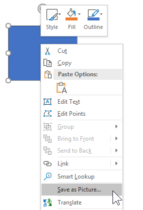 Menu contestuale di PowerPoint con l’opzione Salva come immagine selezionata per esportare una forma grafica