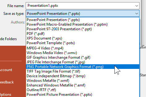 Menu di salvataggio di PowerPoint con selezione PNG per esportare una diapositiva come immagine nei corsi e-learning