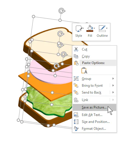 Menu contestuale di PowerPoint con l’opzione per salvare un gruppo di forme come immagine, utile per la grafica eLearning