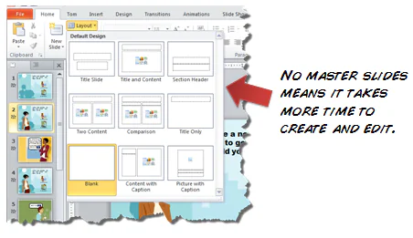 Interfaccia di PowerPoint con layout delle diapositive e nota sull'importanza delle slide master per velocizzare la creazione