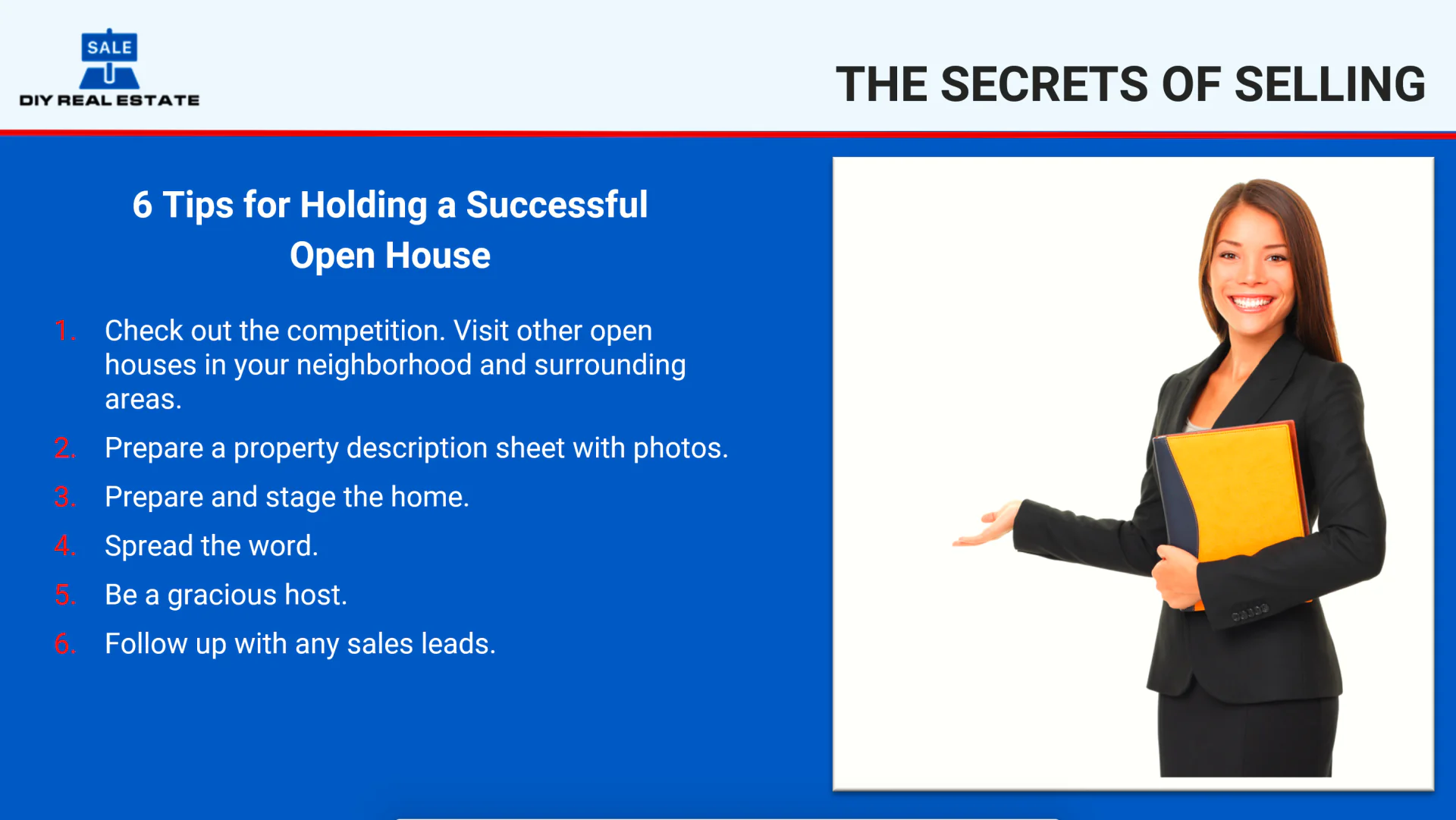 Slide PowerPoint con elenco di consigli per open house e immagine di agente immobiliare su sfondo bianco