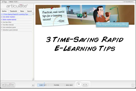 Schermata di un tutorial Articulate con elenco di suggerimenti rapidi per creare corsi eLearning in PowerPoint