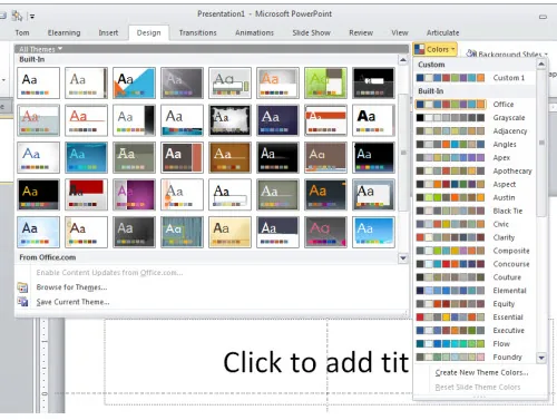 Selezione di template e colori tema in PowerPoint per personalizzare presentazioni eLearning