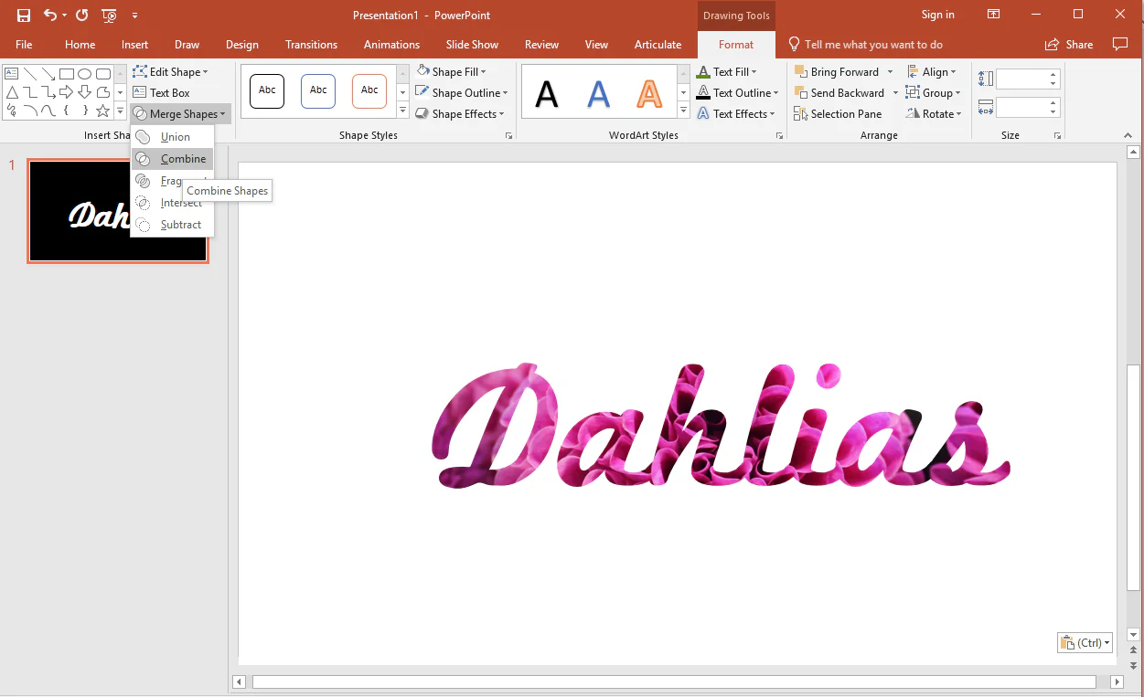 Schermata di PowerPoint che mostra la parola Dahlias riempita con una foto floreale tramite la funzione Combina forme