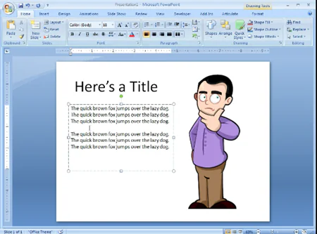 Schermata di PowerPoint con casella di testo segnaposto e personaggio illustrato in una slide di esempio